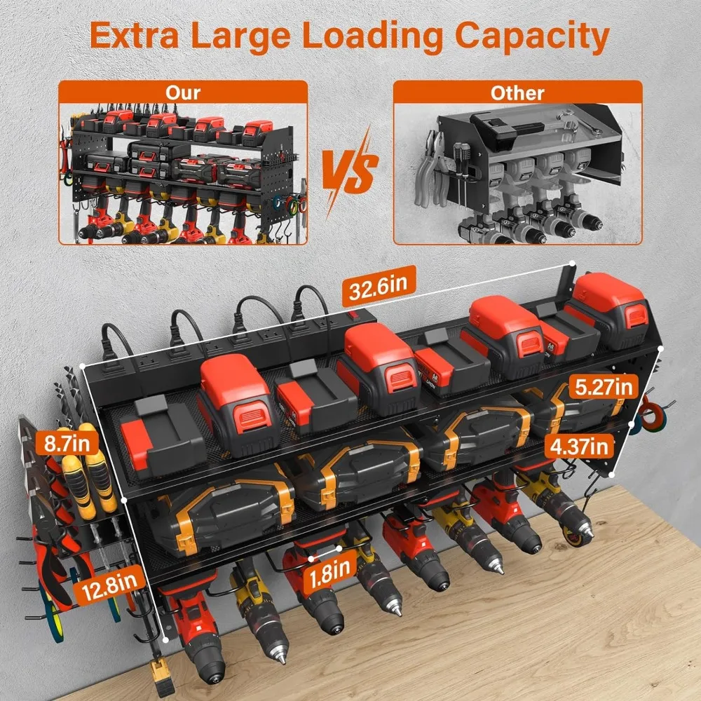 JUNNUJ большой органайзер для электроинструментов с зарядной станцией, 8 сверлами и инструментами, держатель аккумулятора, настенное крепление