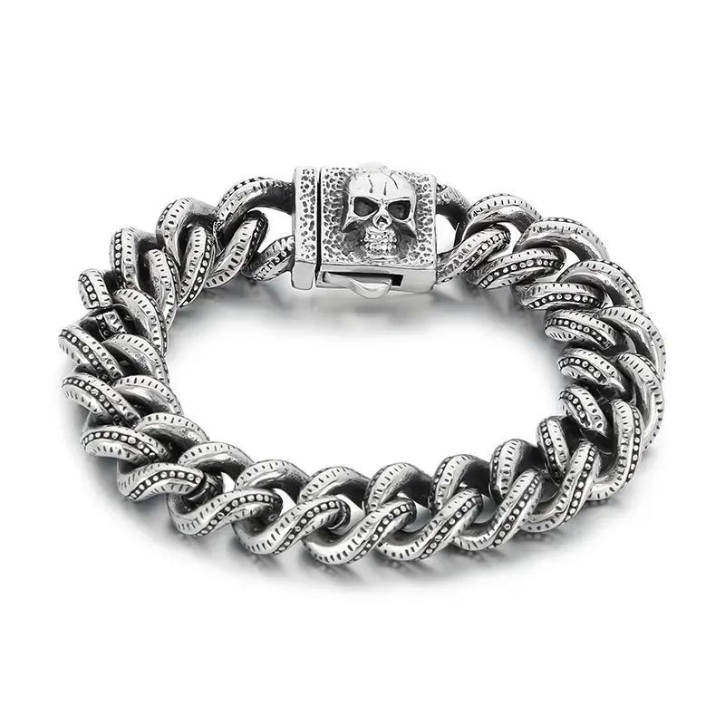Halloween Gothic Skull Bracelet for Men - Bold Square Buckle Titanium Steel Chain, Edgy Punk Rock Jewelry, Dark Alternative Gift