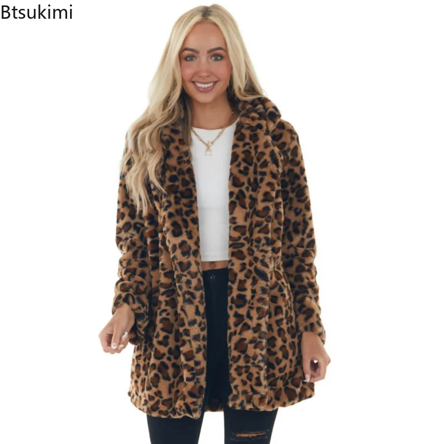 

New Autumn Winter Womens Coats Slim Casual Leopard Print Stitching Leather Mid-length Long Sleeve Coat Jacket With Pocket Female