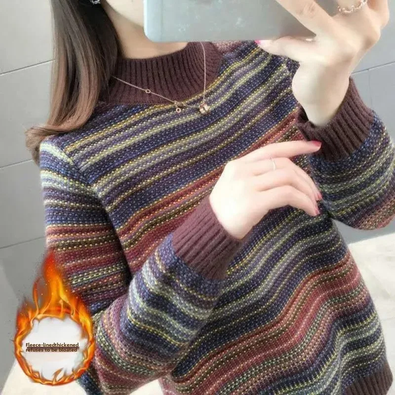 Korean Style Fleece-Lined Semi Polo/Turtle Neck Pullover Sweater Women's Loose Fit Idle Style Stripe Top Knitted Outside Wear