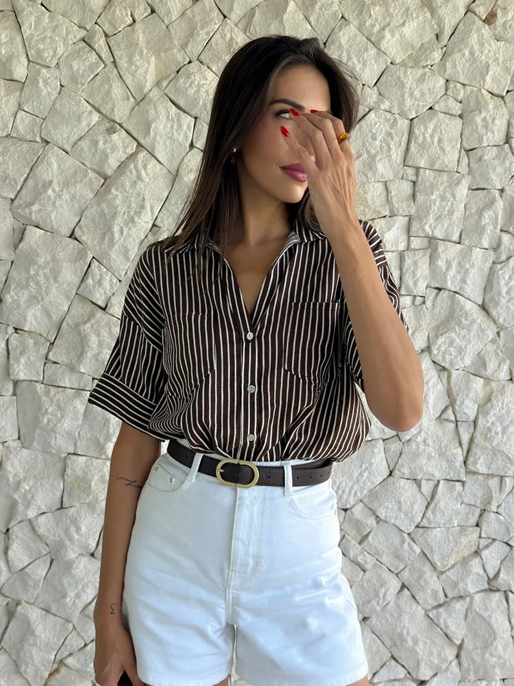UNIZERA Damen-Freizeithemd aus Leinenmischung mit weitem Ärmel und Kragen, vielseitiges, minimalistisches Design, kurzes Sommer-Pendler-Top