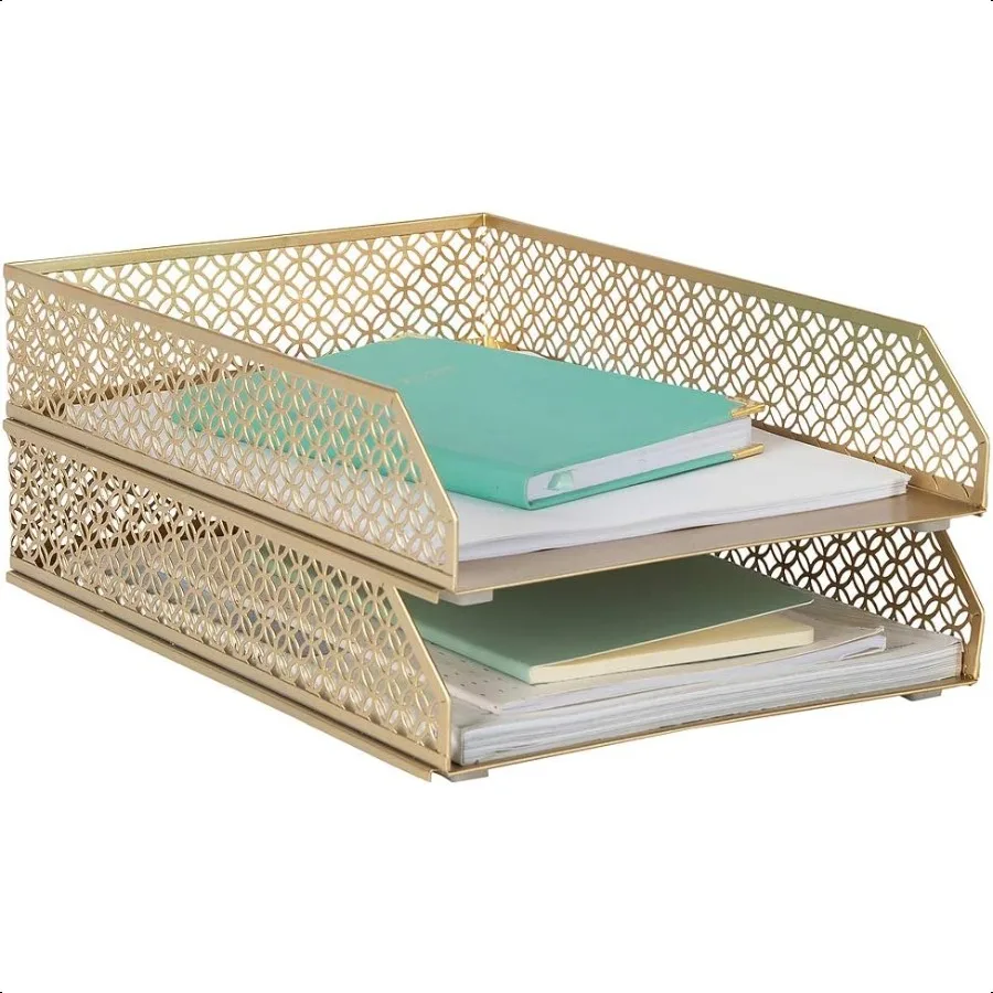 

BLU MONACO Gold File Organizer Stackable Paper Tray Set of 2 for Desk Office Inbox Letter Trays Gold Desk Organizer