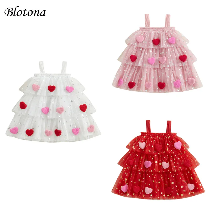 Blotona Little Girl Valentine's Day Dress Star Print Square Neck Sleeveless Layered Tulle Slip A-Line Dress with Plush Heart