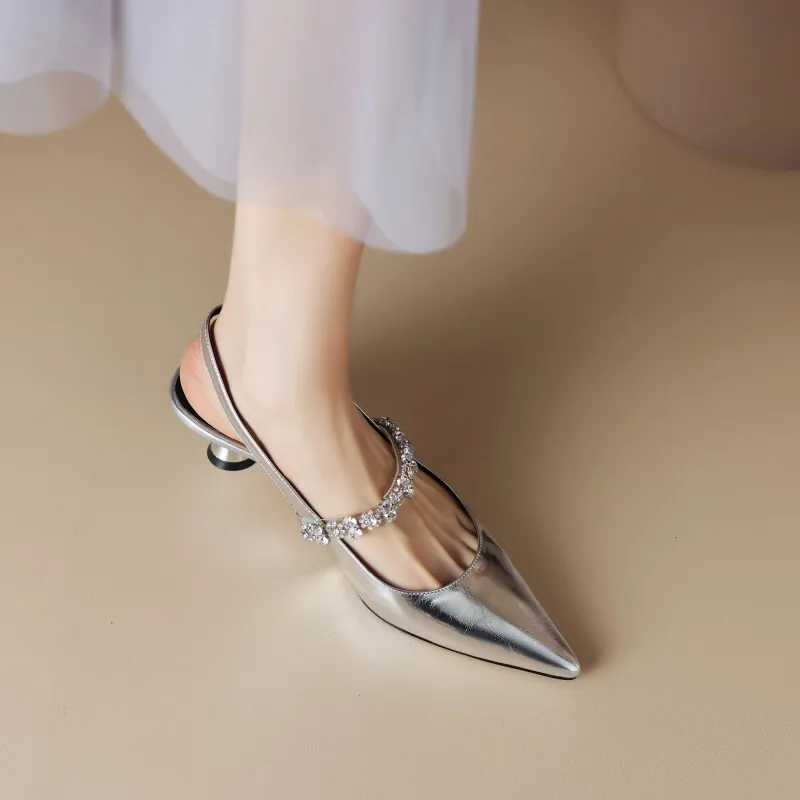 

Summer Silver Black Low Heels Women Sandals Pointed Toe Shiny Crystal Straps Sandals Woman Slingbacks Pumps Ladies Shoes