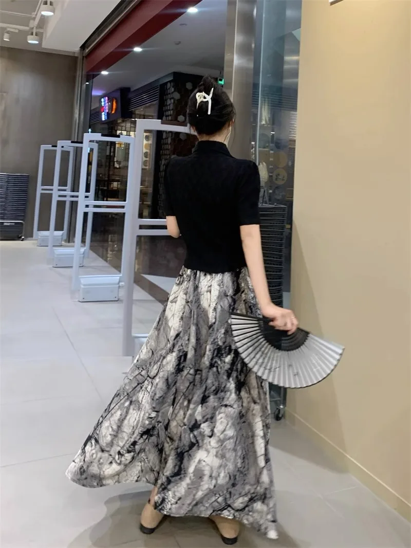 Ensemble de cardigans noirs à manches courtes pour femmes, jupes mi-longues boutonnées, taille haute, ligne A, style chinois vintage, été chic