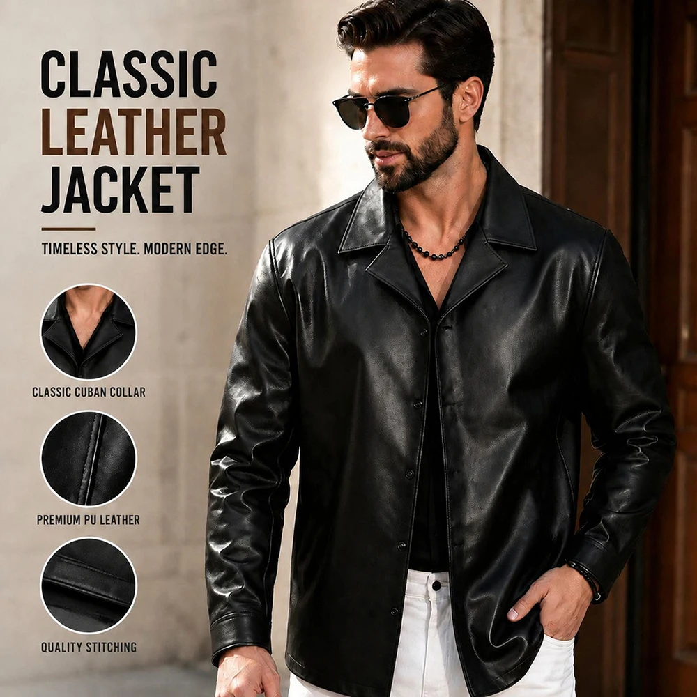New Vintage Motorcycle Men's Leather Jacket Casual Windbreaker PU Leather Coat Male Autumn Fashion PU Leather Jacket Coats Black