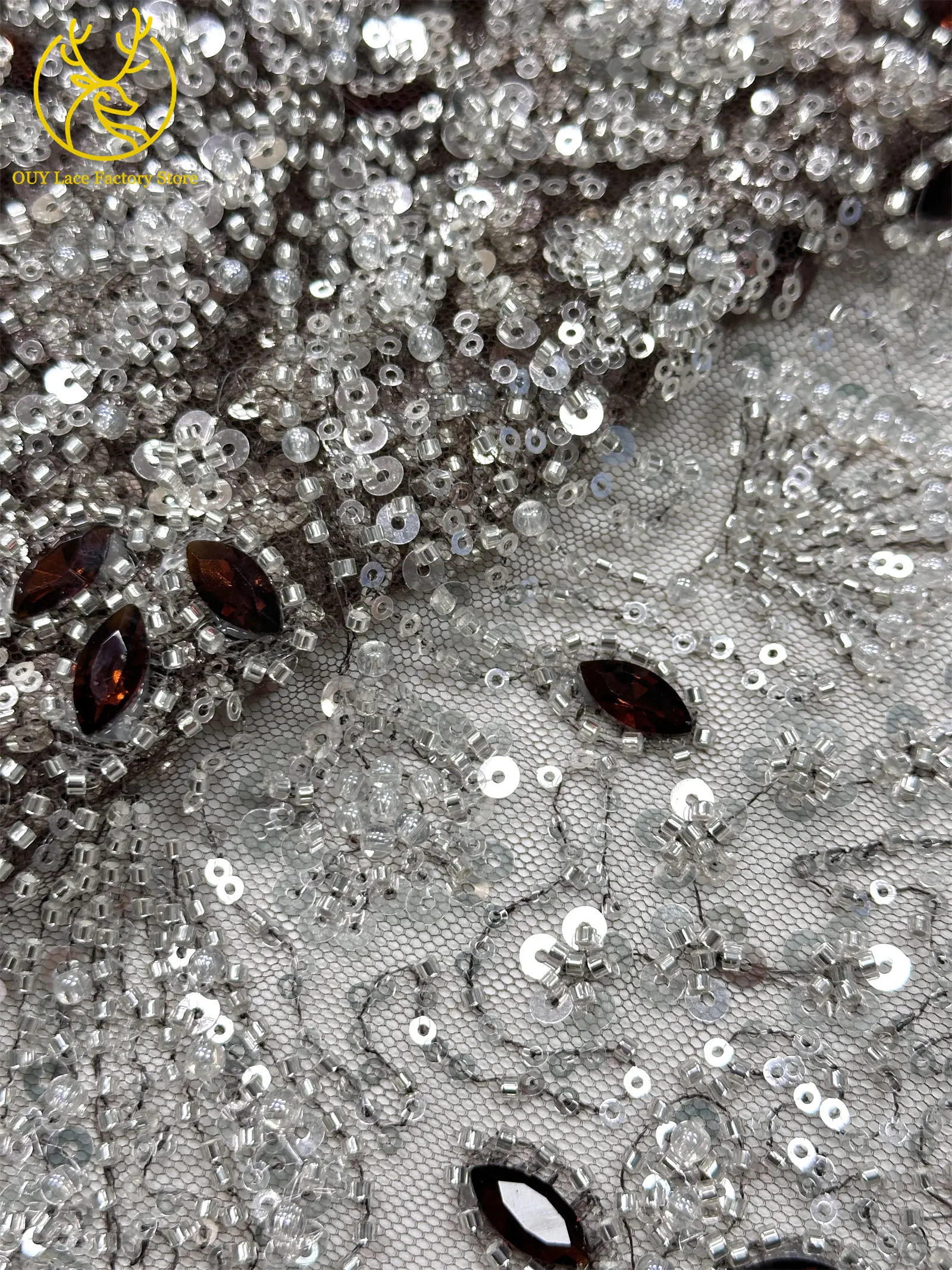 2026 Luxuriöser französischer Mesh-Spitzenstoff mit Perlen und Steinen, marineblau, afrikanischer nigerianischer Edelstein-Pailletten-Spitzenstoff zum Nähen von Hochzeitskleidern – Detail 24