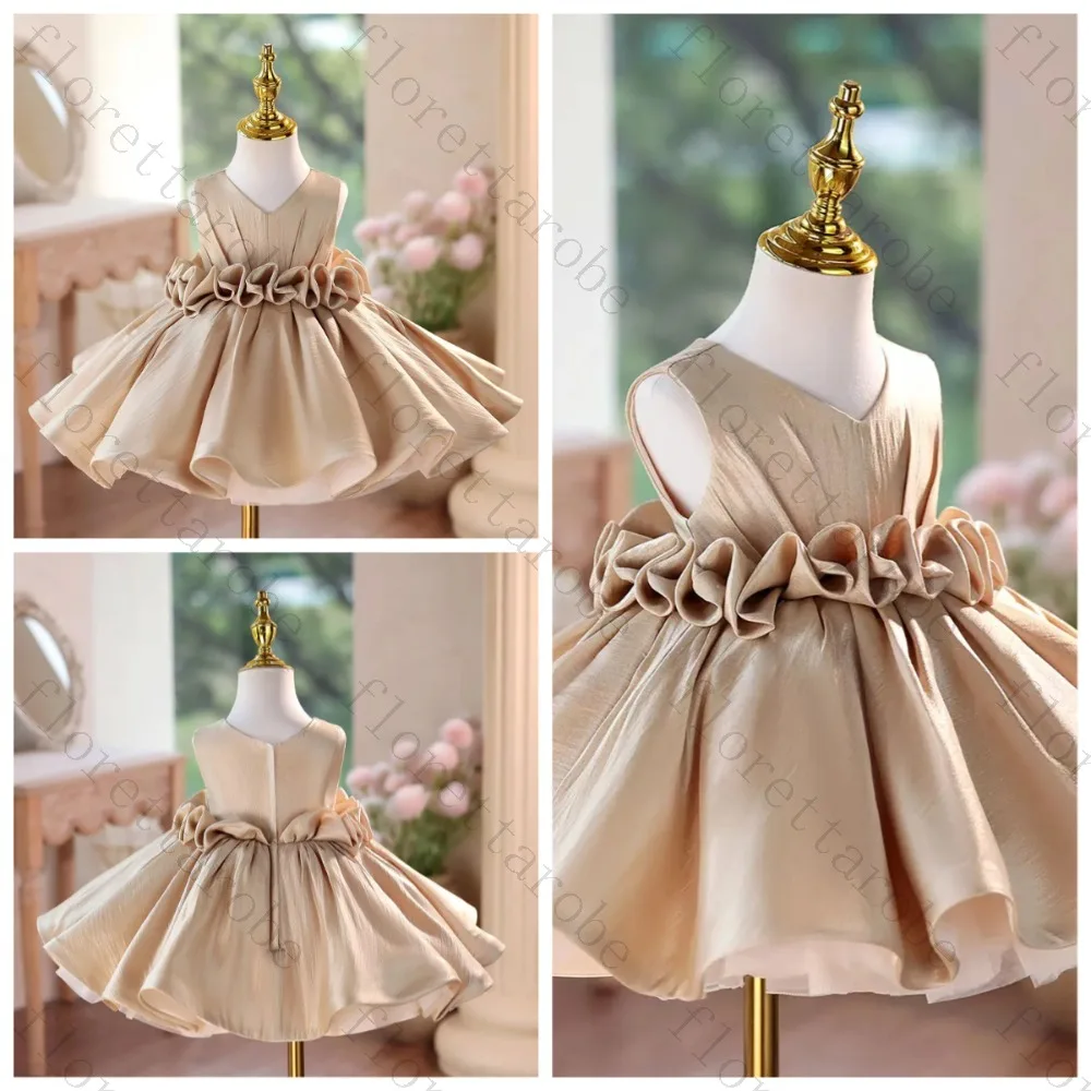 Customized A-line Champagne Sleeveless Short Flower Girl Dress Satin V-neck Kids Birthday Party Graduation Prom Ball Gown