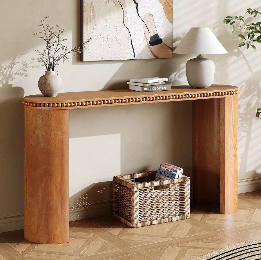 ！@Mirod Luxury Vintage Console Table Beaded Trim Reversible Curved Legs Solid Wood Veneer Finish Entryway Accent Table Hallway