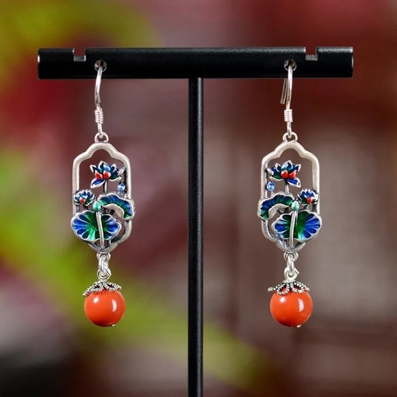 

925 Silver South Red Tourmaline Bead Earrings for Women Vintage National Style Exquisite Colored Enamel Lotus Earings Jewelry