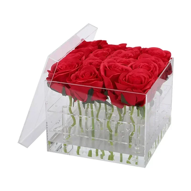 Customized transparent acrylic flower eternal flowers with hand gift box, square drawer, acrylic flower box