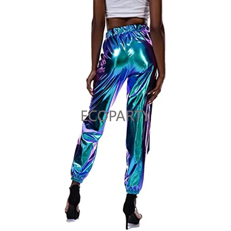 Womens Shiny Metallic Pants, Holographic Disco Sweatpant for 70s 80s Alien Space Cowgirl Halloween Costume Leisure