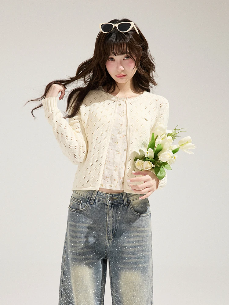 

Women's Spring Thin Knitted Cardigan Pure Cotton Breathable Floral Print Casual Sle Long Sve ort Length Button up