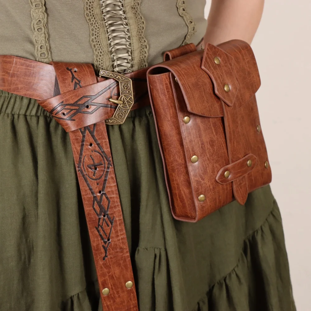 مجموعة حقائب بحزام من العصور الوسطى، حقيبة كروس بإبزيم فايكنغ، إكسسوار تنكري من الجلد الصناعي #5
