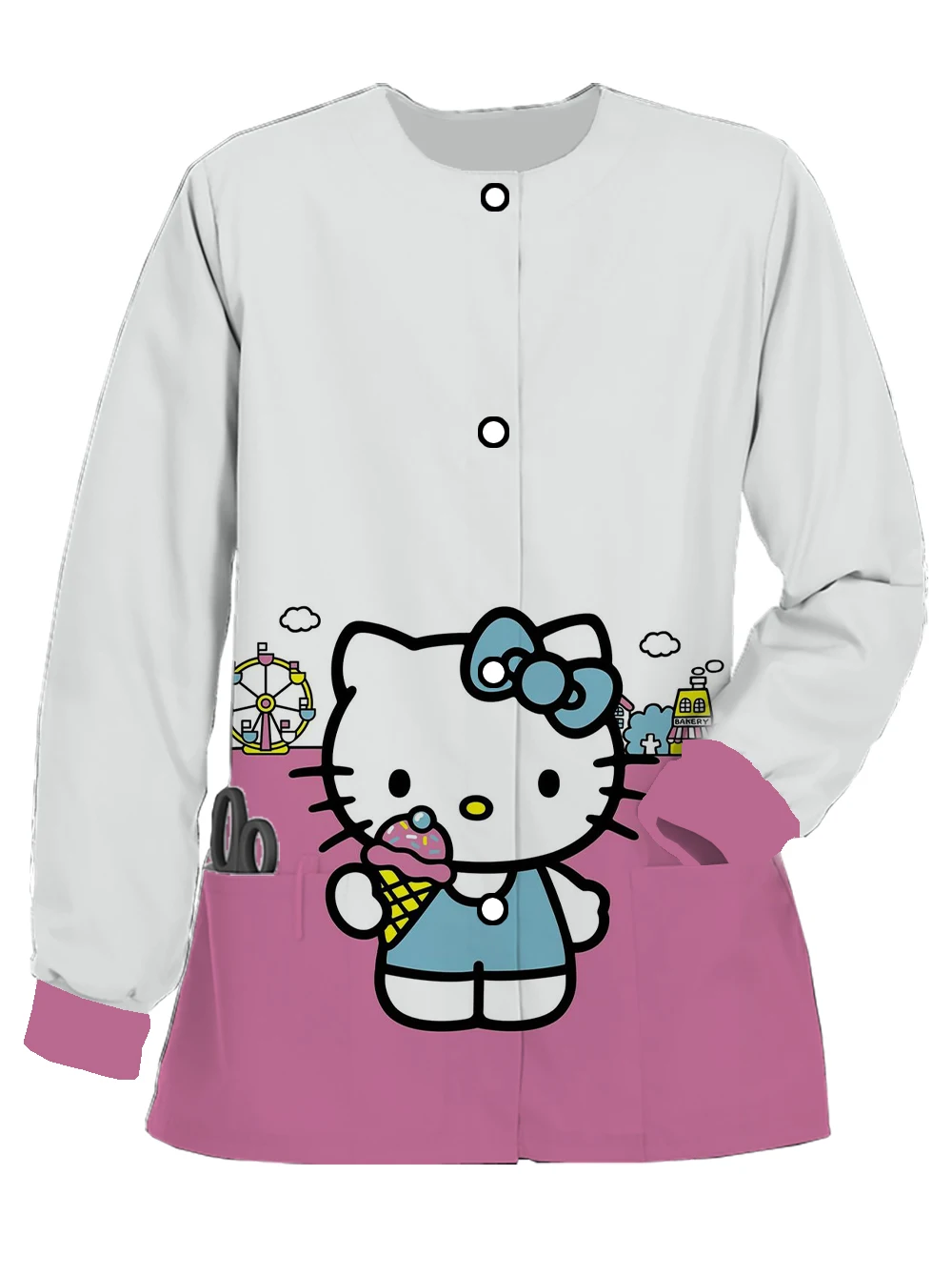 2024 Hello Kitty print cardigan jacket women's scrub long-sleeved spring and autumn nurse uniform pet doctor work clothes