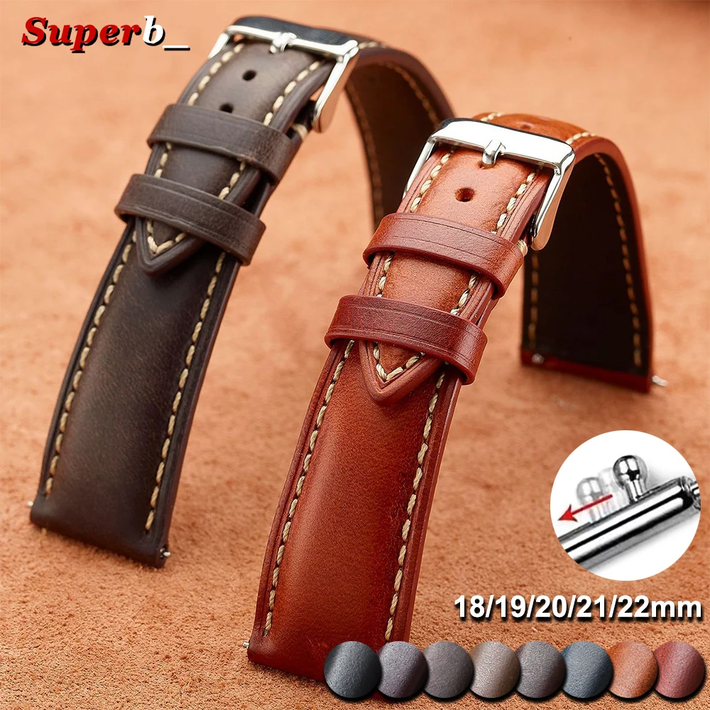 18mm 19mm 20mm 21mm 22mm for Omega Vintage Oil Wax Cowhide Watch Strap Brown Pin Buckle Head Layer Leather Watchband Accessories