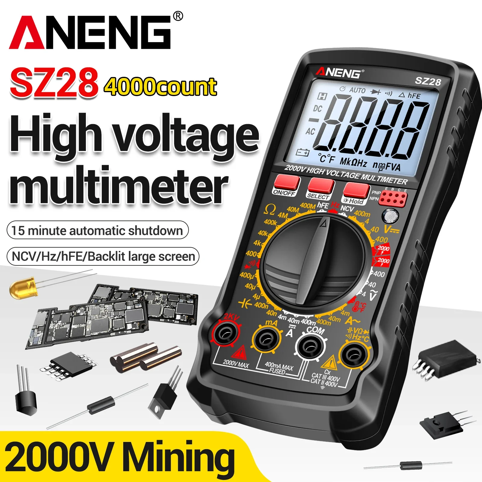 ANENG SZ28 Multi functional Multimeter 4000 Count AC/DC 2000V Voltage 400mA Current NCV Test Temperature Frequency Measurement