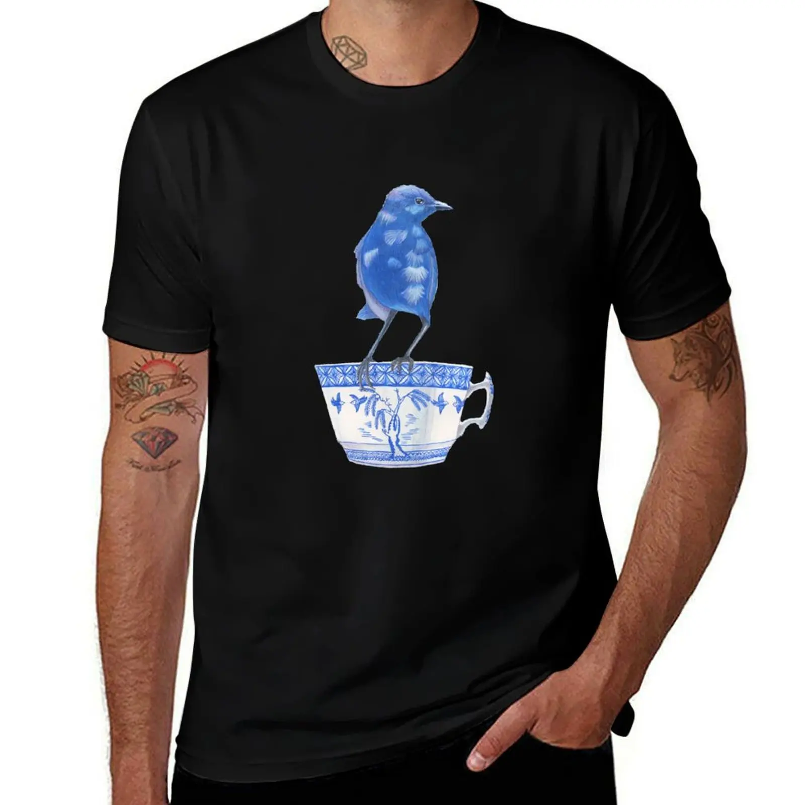 

splendid fairy wren on a teacup T-Shirt man t shirt cotton high quality cotton tshirt 100% T-Shirt
