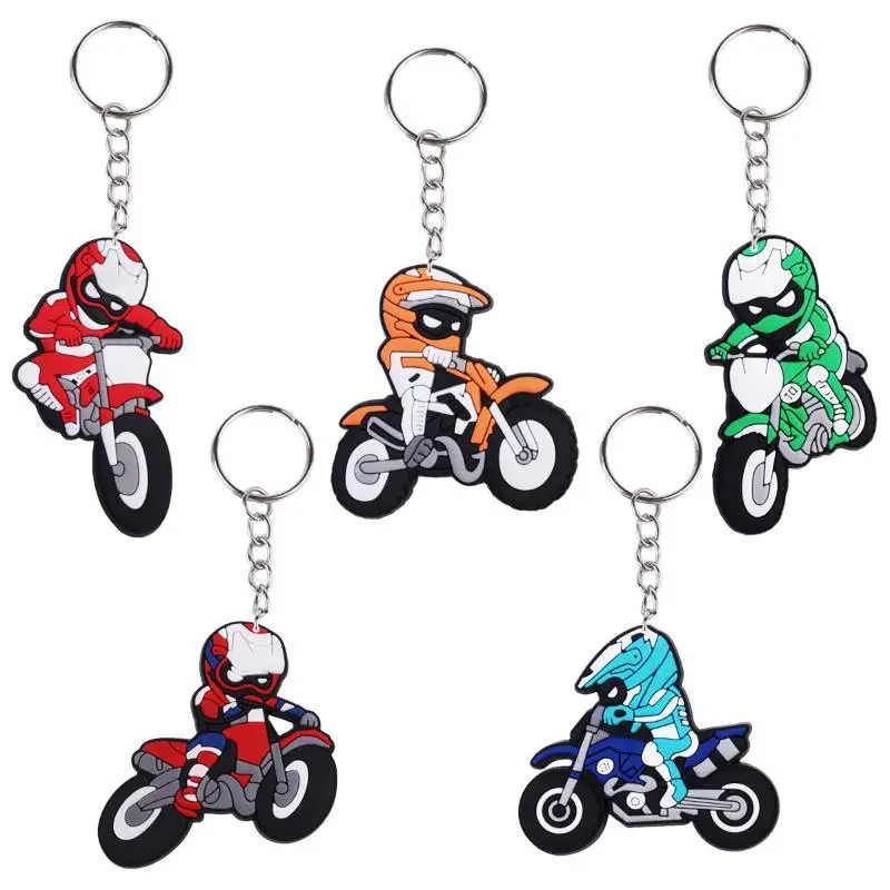 5 Stück Motocross-Fahrer PVC-Schlüsselanhänger, Niedliches Cartoon-Design, Mehrfarbig, für Motorrad-Fans, Taschendekoration, Kleines Geschenk – Detail 1