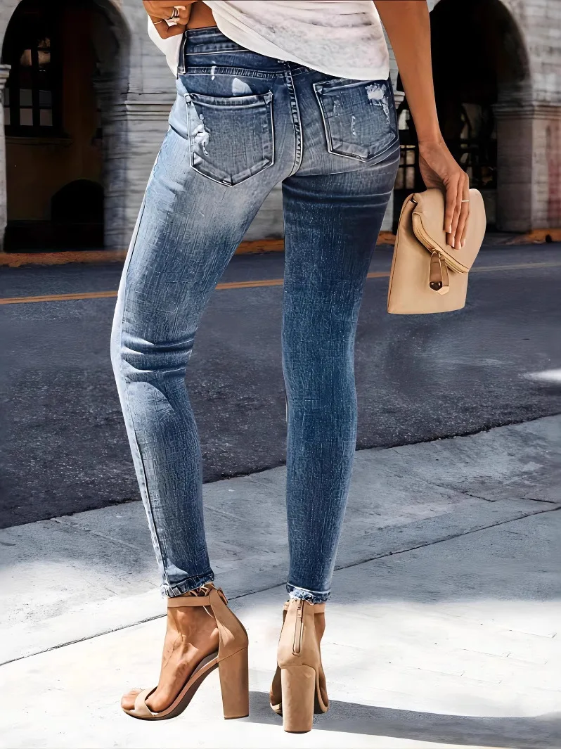 Hoge elastische afslankende casual jeans dames perforeren lange broek hoge taille stand fit medium stretch diepe kleur