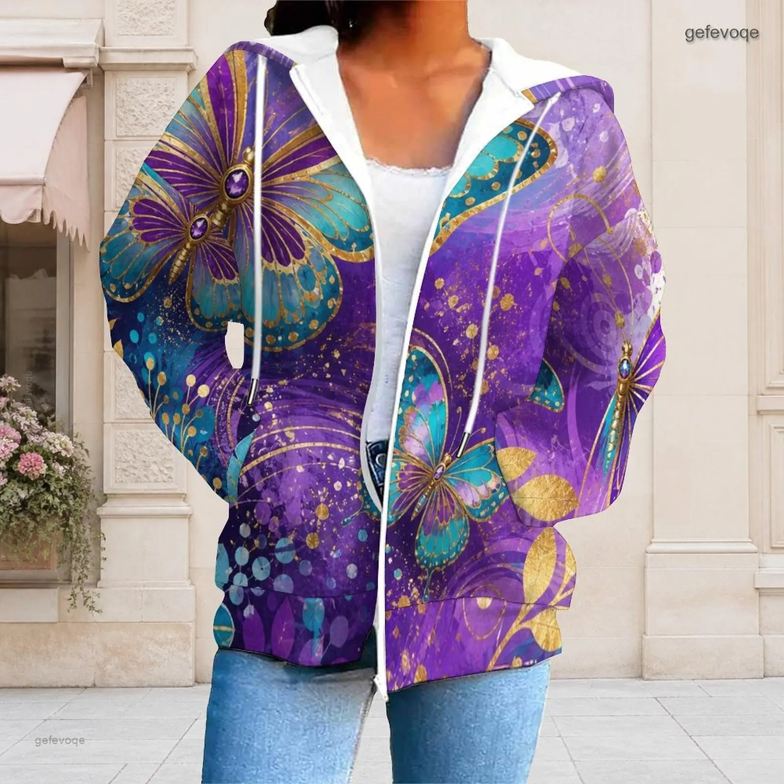 Women Purple Teal Gold Butterfly Printed Full Zip Long Sleeve Hoodie with Drawstring Hood and Pockets