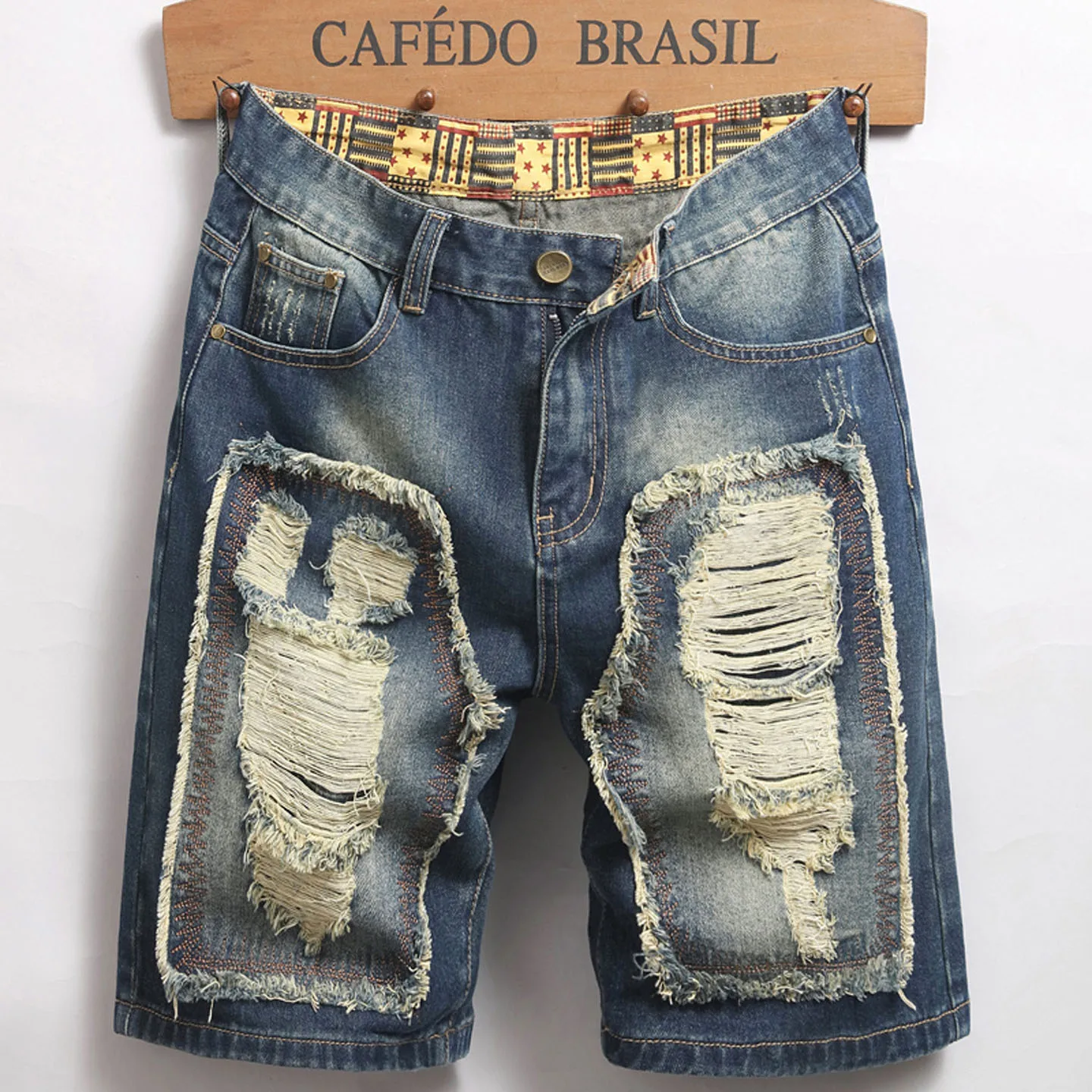 

Men's Casual Spring/Summer Denim Shorts - Distressed Denim Shorts with Frayed Edges and Patchwork Details, Fashionable Street-St