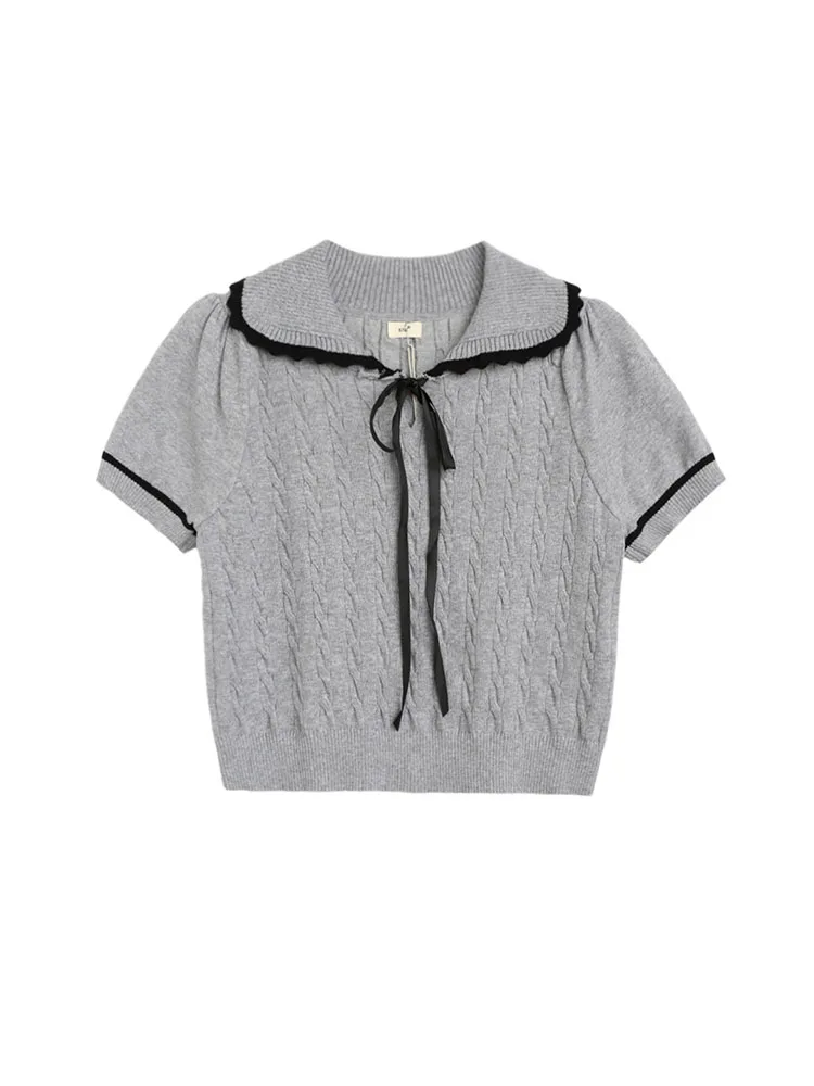 T-shirt con colletto rovesciato Casual eleganza francese estate donna Y2k stile Preppy Sweet Slim Bow Knit top moda Solid Short Tees