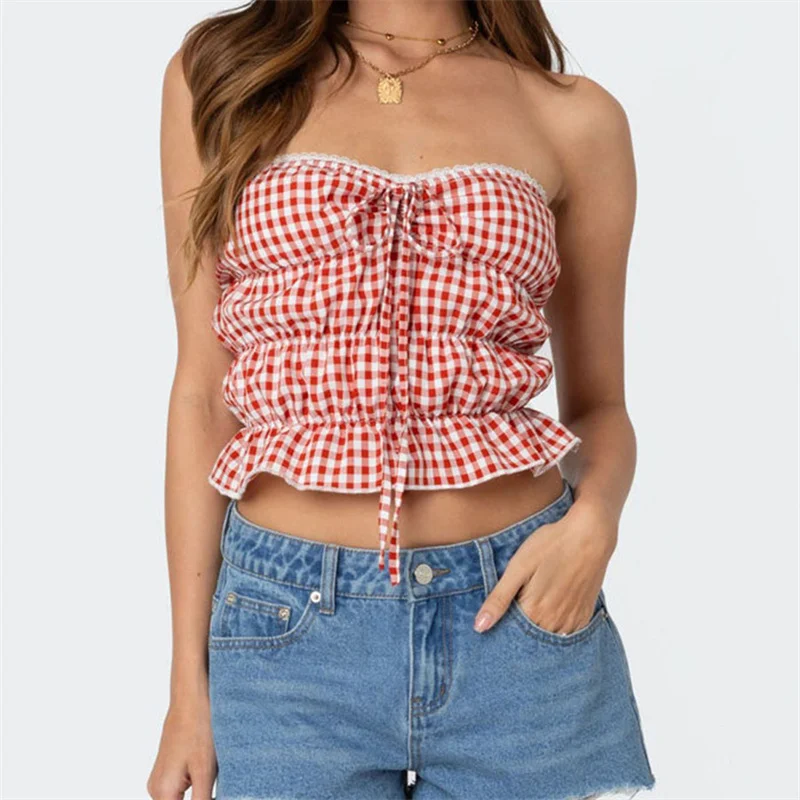 Vrouwen Rode Gingham Patroon Tube Tops Kant Voorkant Vastbinden Strapless Open Rug Crop Tops Y 2K Bandeau Slim Fit Cropped Tanks