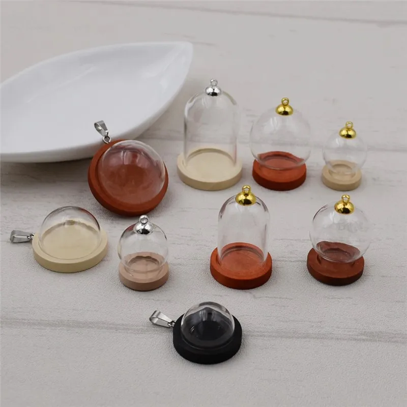 2sets 38*25mm Tube Glass Globe Bottle Wood Base Beads Cap Set Glass Ball Glass Vial Cover Dome Glass Bottle Cute Charms
