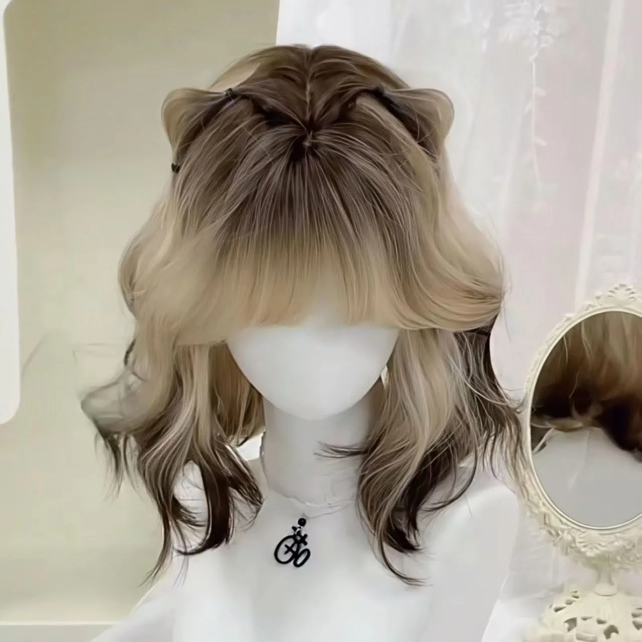 

Natural Looking Ombre Ash Blonde to Dark Brown Women's Short Wavy Wig with Cat Ear Braids Synthetic Hair