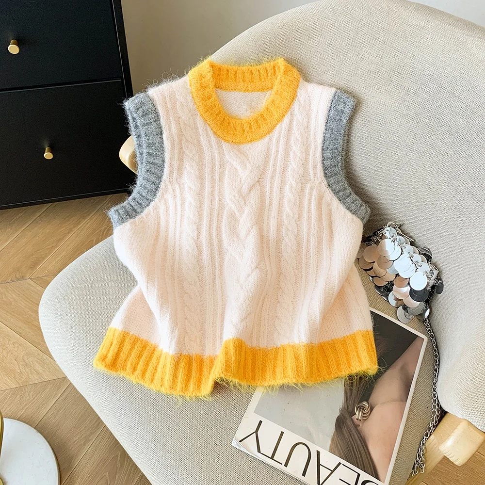 

Korean Sle Color Blo round Ne ey Knitted Vest Women's Faion Small Size Layering Top Sweet Loose Fit Autumn Winter N...