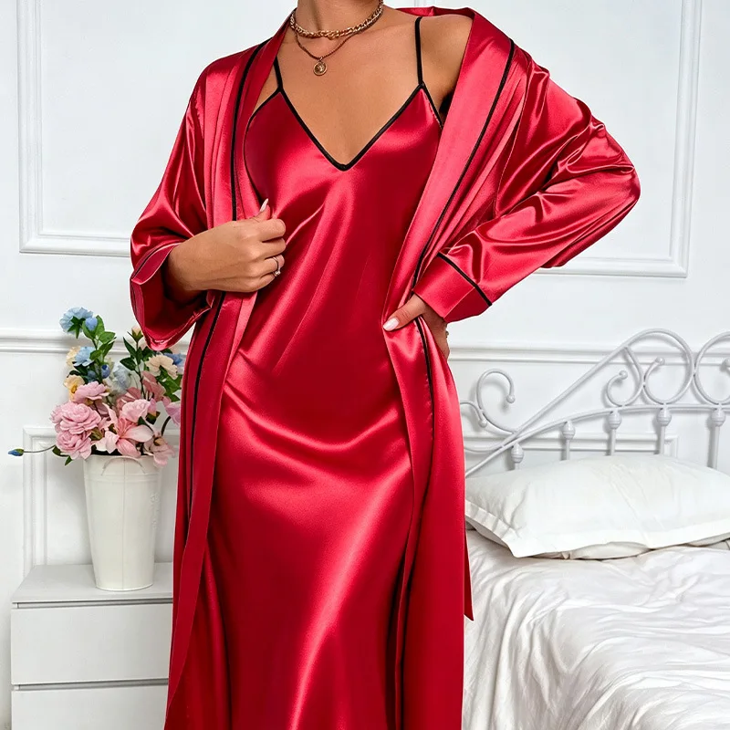 New Women Extended Length Ice Silk Pajama Set Comfort Loungewear Robe Bathrobe Suit Sleeveless Cami Slip Dress Home Nightwear