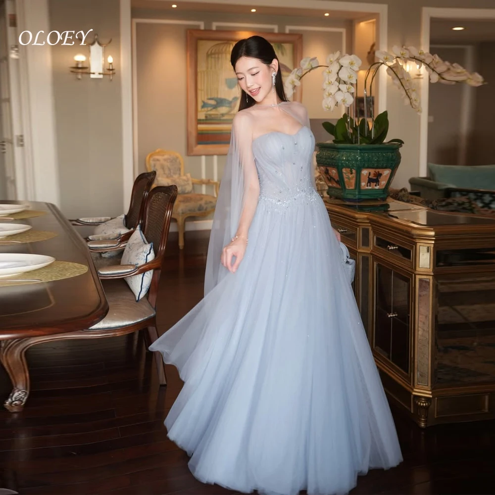 OLOEY 맞춤형 절묘한 라이트 블루 Organza 이브닝 드레스 우아한 크루 넥 숄 민소매 지퍼 백 특별 행사 가운