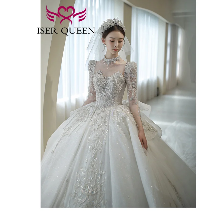 Personnalisé 2025 hiver nouvelle robe de mariée manches longues robe de bal dos creux perles brillant luxe robe de mariée pour mariage WX0491