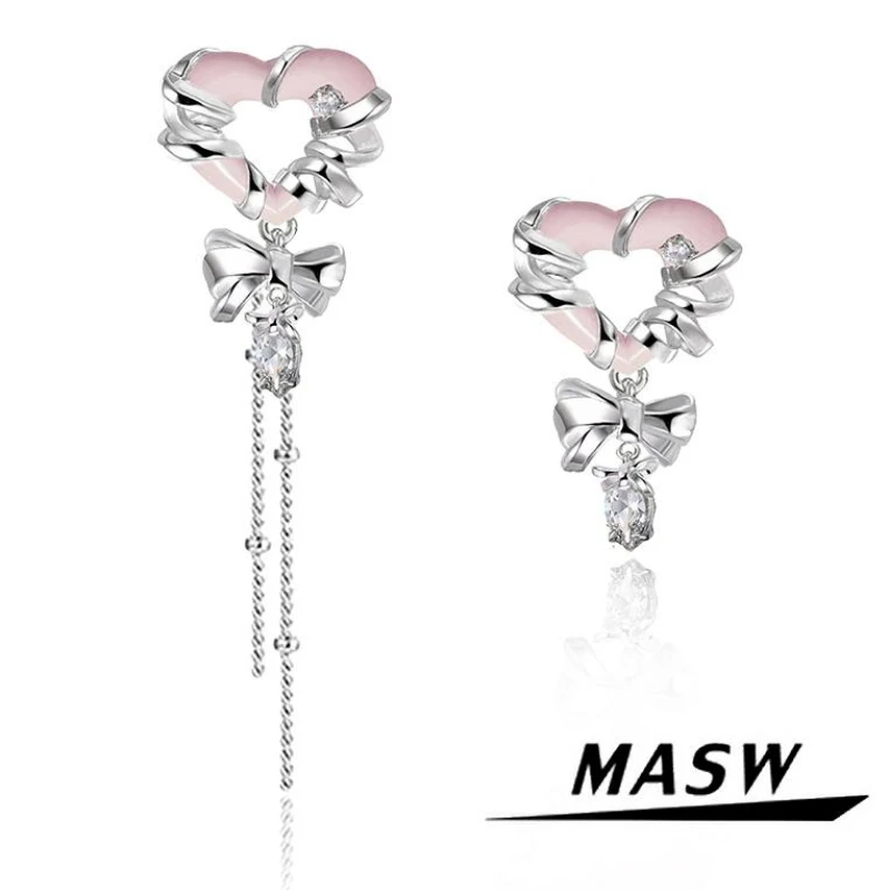 

MASW Original Design Sweet Brass Metallic Crystal Pink Heart Drop Earrings For Women Girl Gift Fashion Jewelry Accessories