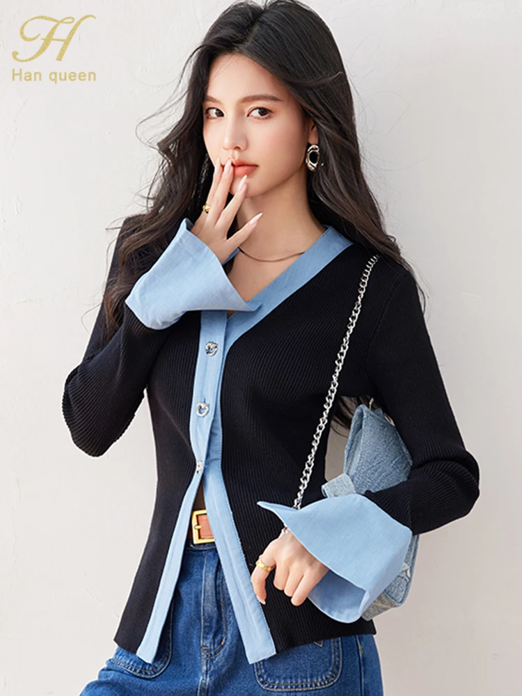 H Han Queen Female Clothing Colorblocking Knitwear Simple Long Sleeve Women\'s Sweater Tops Korean Chic Casual Cardigan Sweaters