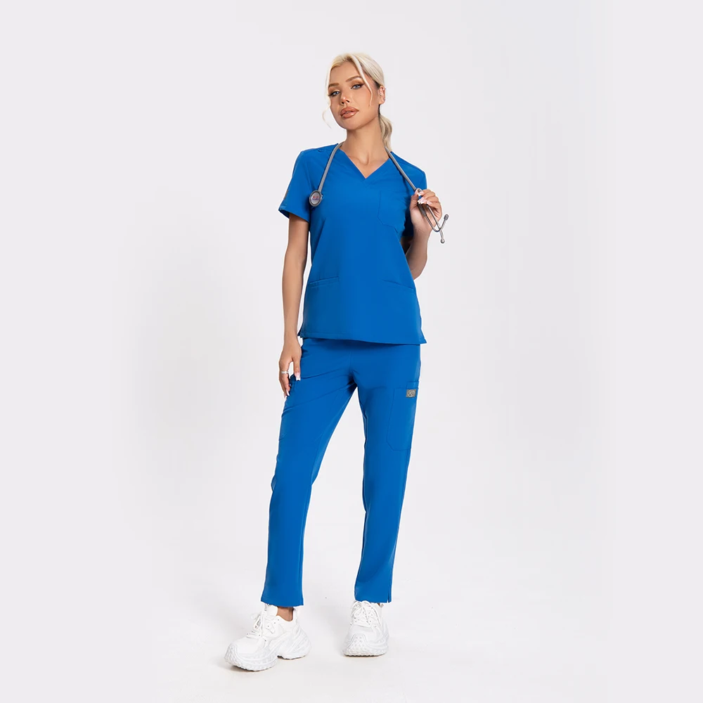 KUNGFU SCRUBS dental nursing scrubs for women v-neck tops drawstring waist pants set w/Antibacterial Waterproof medical uniform