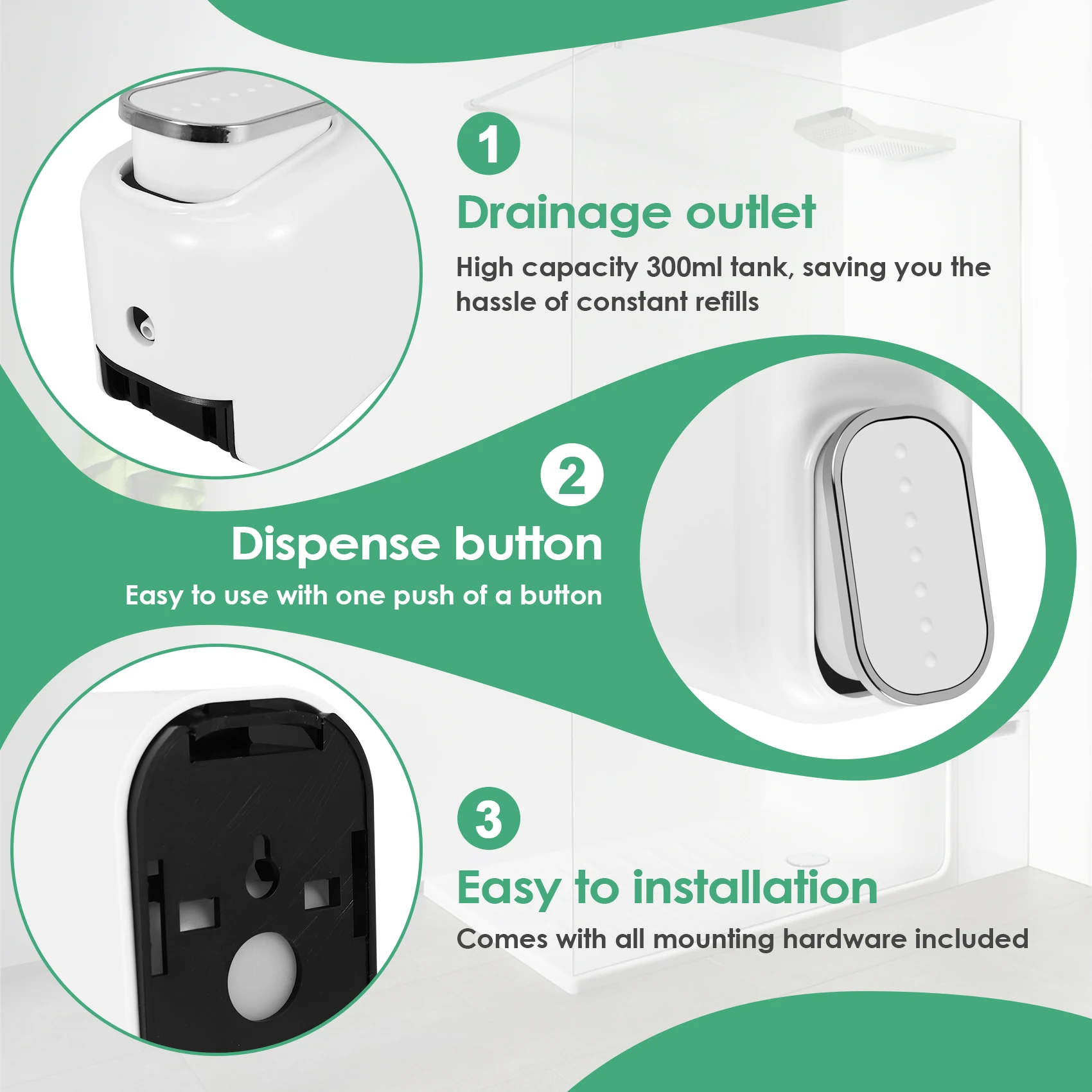 [N88R] Soap Dispenser Wall Mount, 350Ml Hand Liquid Shampoo Shower Gel Dispenser for Bathroom Kitchen White