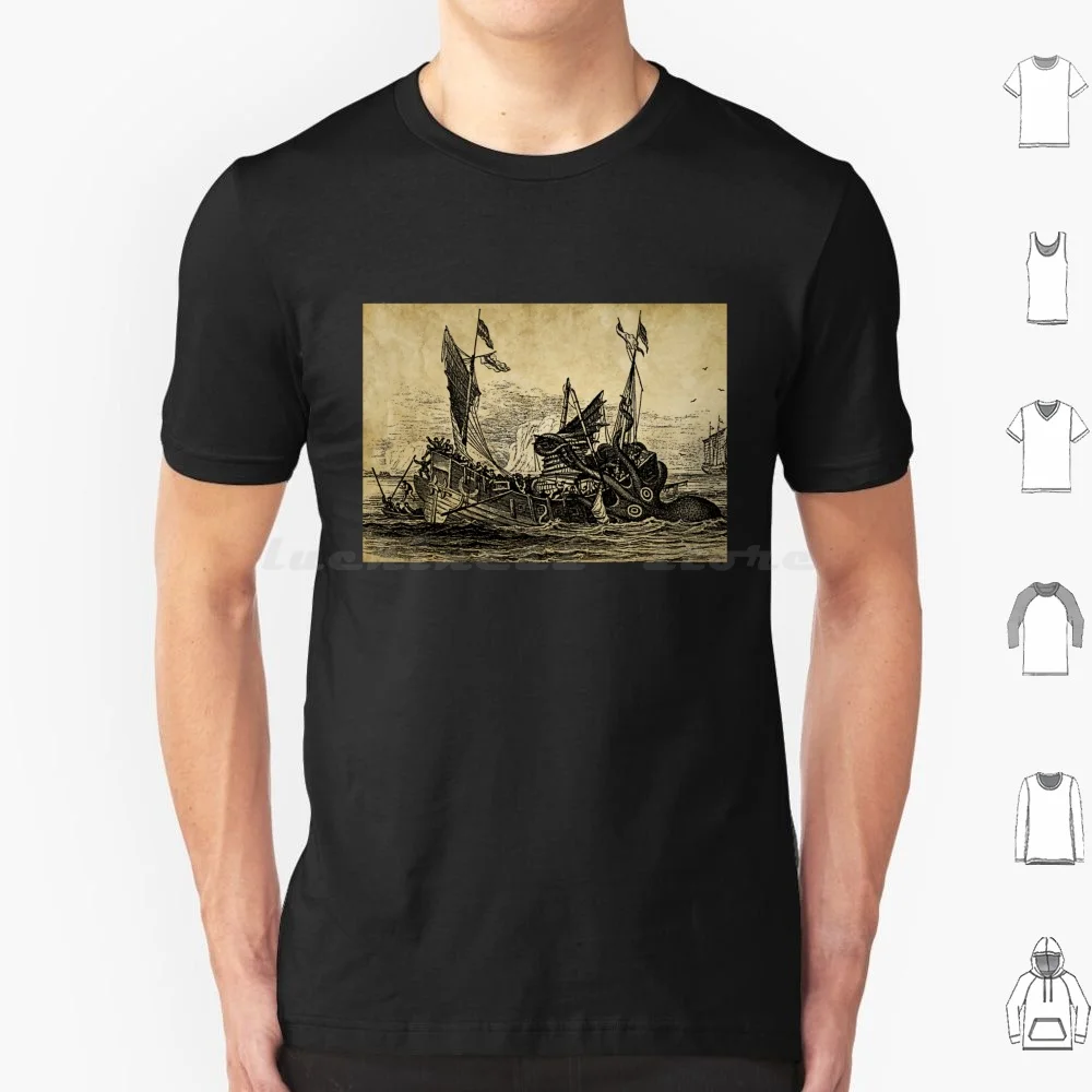 Vintage Kraken Attacking Ship Illustration T Shirt 6Xl Cotton Cool Tee Sea Monster Kracken Giant Squid Octopus Creature Horror