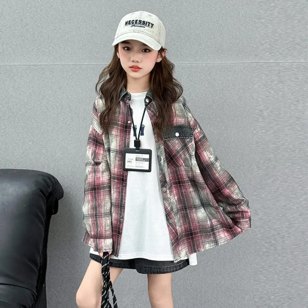 

Kawaii Girl Fashion Color Blocking Long Sleeves Shirt Tops Student Spring Autumn Cartoon Casual Lapel Coat Children's Clothing