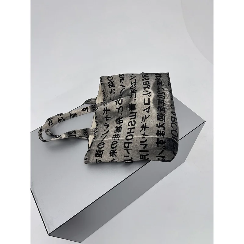 Myfuzzykon Grey White Half Face Print Letter Large Capacity Commuter Handbag Soft Canvas Tote Bag Urban Minimalist Style