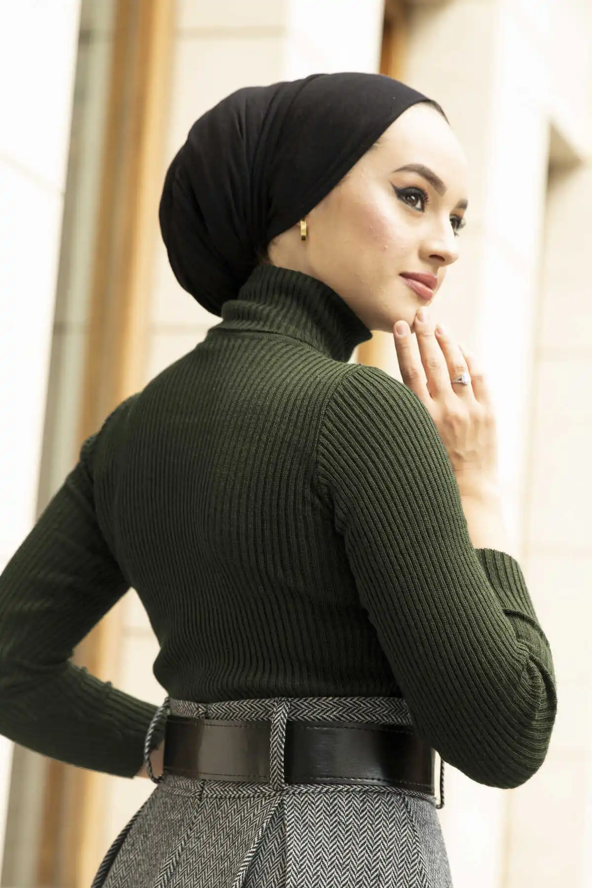 -Throated Strickwaren Pullover Khaki Winter Herbst 2021 Muslimischen Frauen Hijab kopftuch Islamischen Türkei