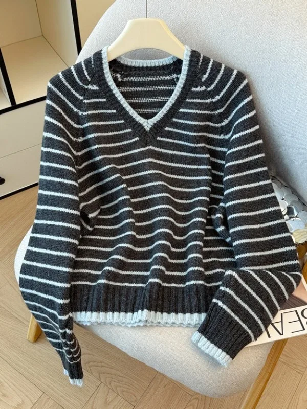 

Loose Long Sve V-Ne Sweater Women's Sle Casual Stripe Color Blo Knitted Top Comfortable Fit Autumn Winter Faion