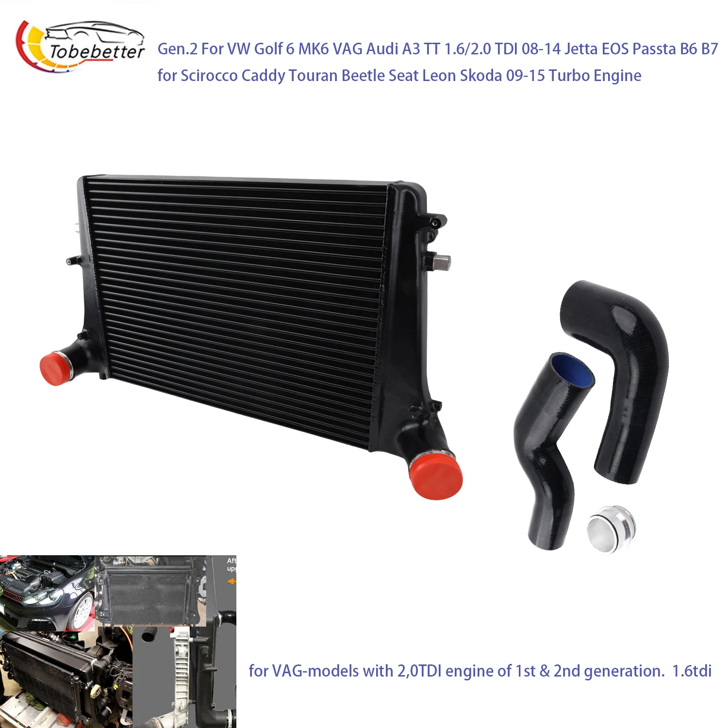 

Комплект интеркулера Gen.2 для VW Golf 6 MK6, VAG Audi A3, TT 1.6/2.0 TDI 08-14, Jetta, EOS, Passat B6, B7, Scirocco, Beetle, Seat Leon, Skoda
