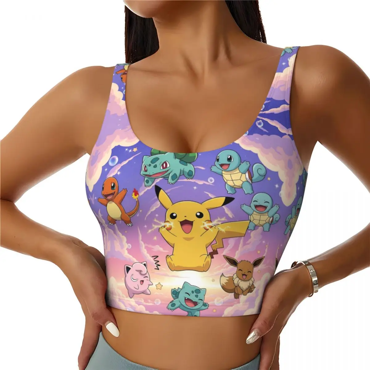 

Custom Women Pokemoned P-Pikachus Sports Bras Thunderbolt Classical Anime High Impact Gym Workout Running Crop Tank Tops