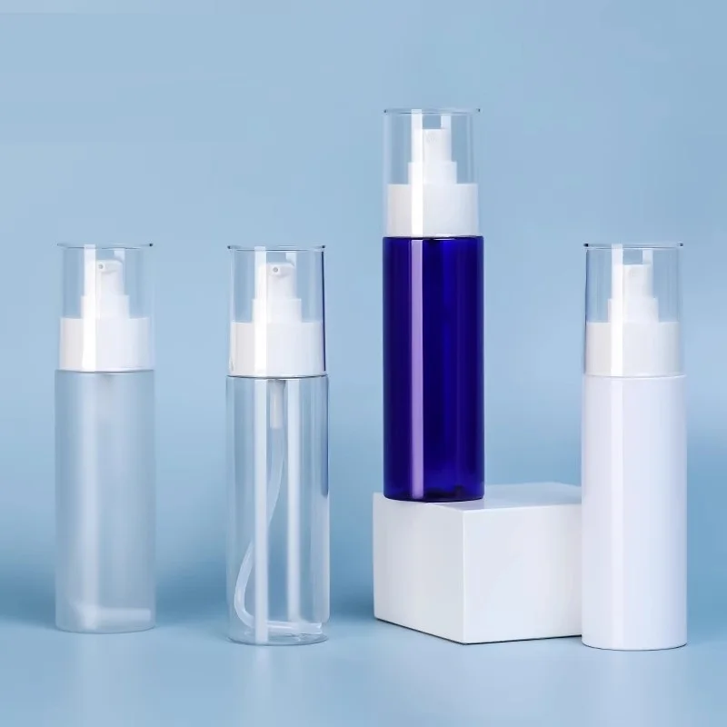 25Pcs 100ml Lotion Pump Bottle PET Plastic Empty Flat Shoulder Clear Forst Blue White Cosmetic Refillable Spray Mist Bottles