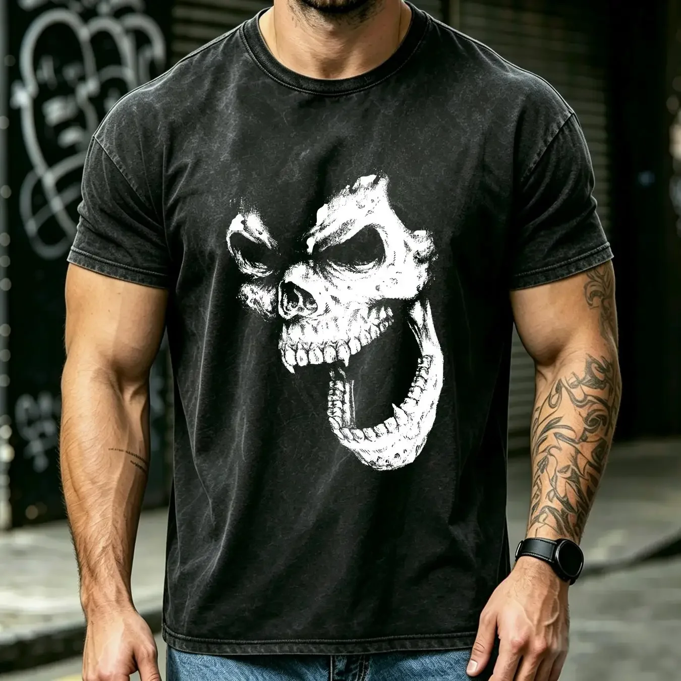 washed T Shirt Skull mens S 2XL Biker metal rock goth punk reaper dark tee top horror long or short sleeves vintage Washed