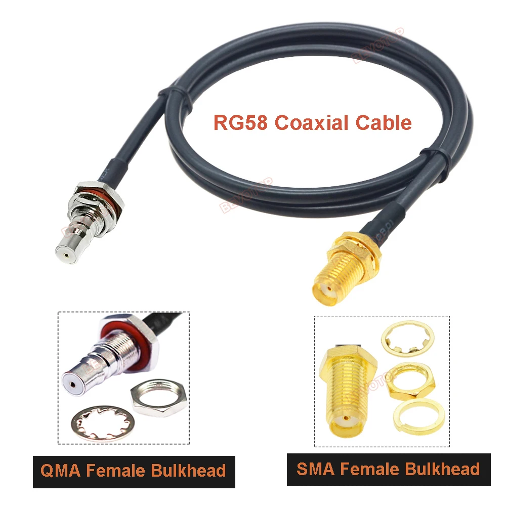 BEVOTOP QMA to SMA Cable RG58 QMA Female to SMA / RP-SMA Male / Female Bulkhead Plug 50 Ohm Low Loss RF Coaxial Pigtail 15CM~30M