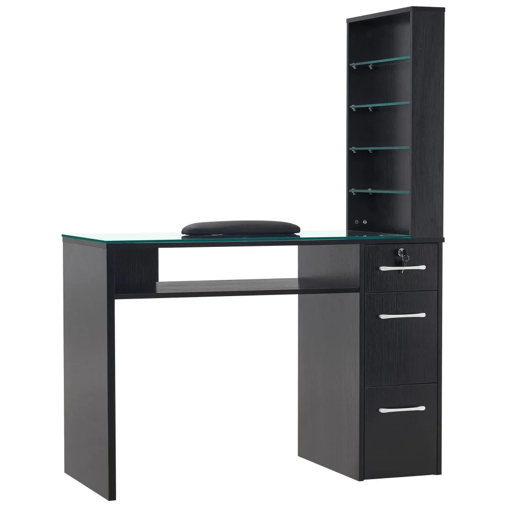 Storage Nail Desk with Lockable Drawer, Glass Top & Shelves 2673