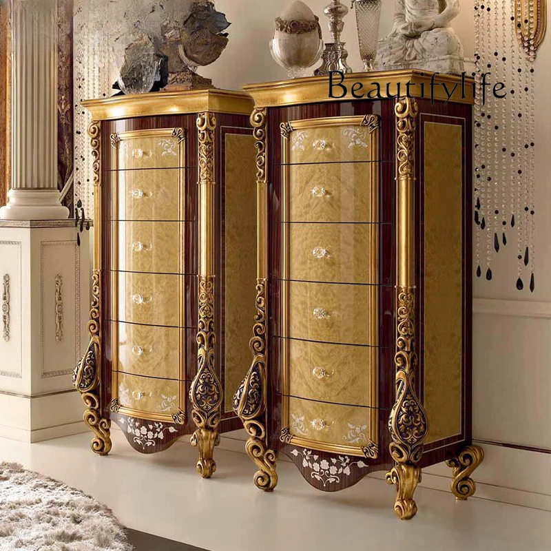 European court solid wood chest cabinet storage luxury home storage cabinet art parquet jewelry cabinet gold foil